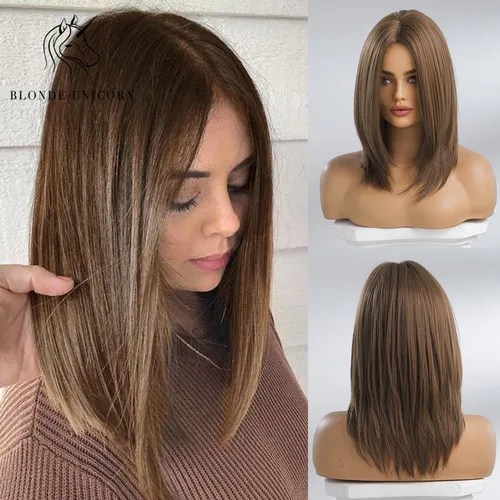 Peluca sintética de unicornio rubio para mujer, pelo medio largo degradado marrón con parte media, pelucas de Cosplay para fiesta diaria, fibra resistente al calor