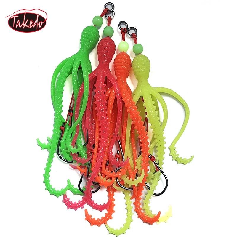 TAKEDO 2PCS/BAG 9G TPR Octopus Skirt Squid Luminous Soft Lure Sea Fishing UV Trolling Lure Artificial Bait For Bass Tuna