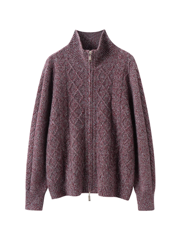 TLOML Women 100% Cashmere Sweater Mock Neck Two-way Zip Cable Knit Cardigan Autumn Winter Cashmere Knitted Soft Warm Comfy Coat
