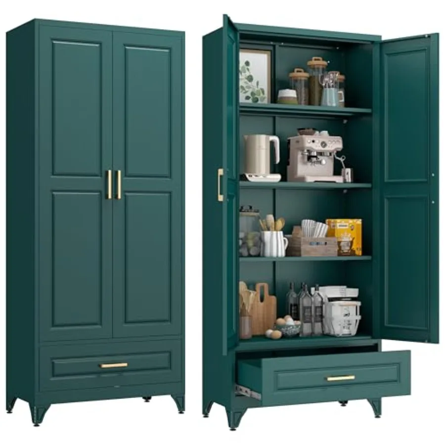 

75 Kitchen Pantry Storage Cabinet with Metal Frame Green Modern Tall Cabinet with Drawers and Adjustable Shelves Freestanding H