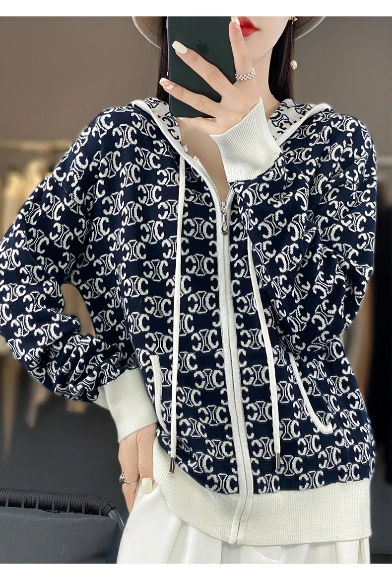 2023 Autumn New Knitted Cardigan Women\'s Long Sleeved Hooded Zippered Cardigan High Quality Printed Style Slim Knitted Cardigan