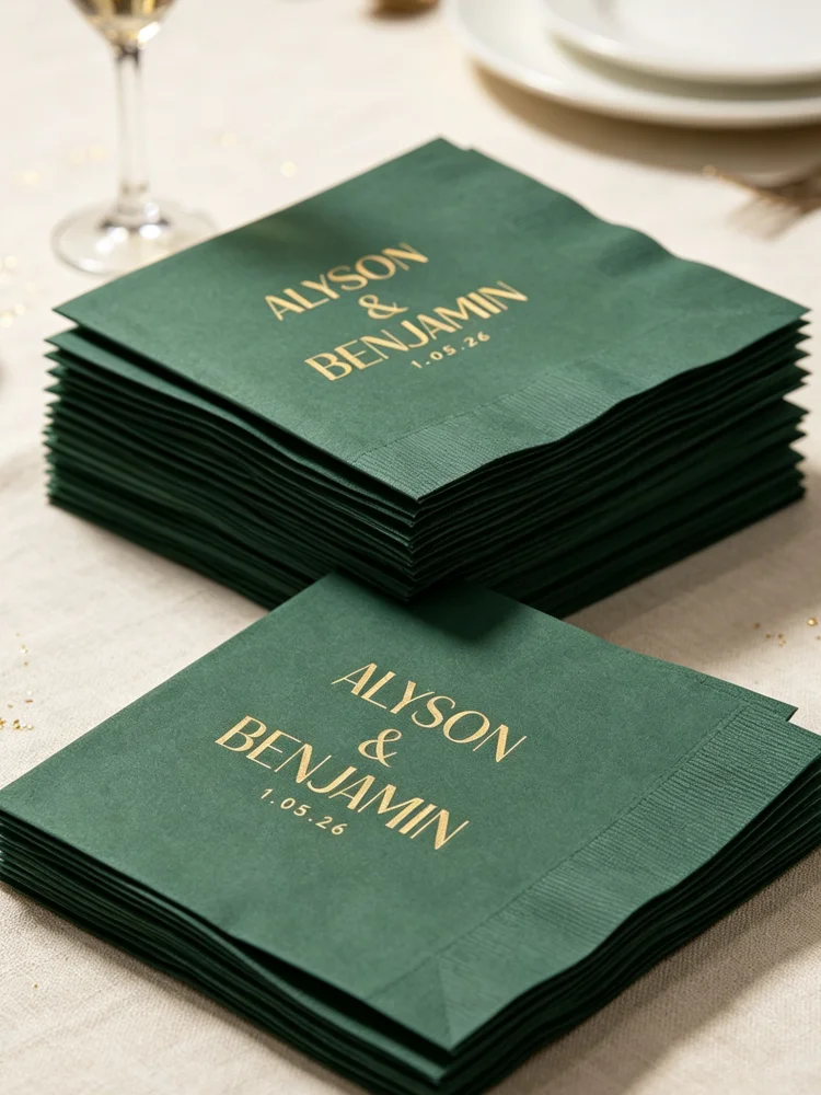 Personalized Green Wedding Napkins with Gold Print, Modern Font Cocktail & Buffet Size Paper Napkins, Color Options for Winter