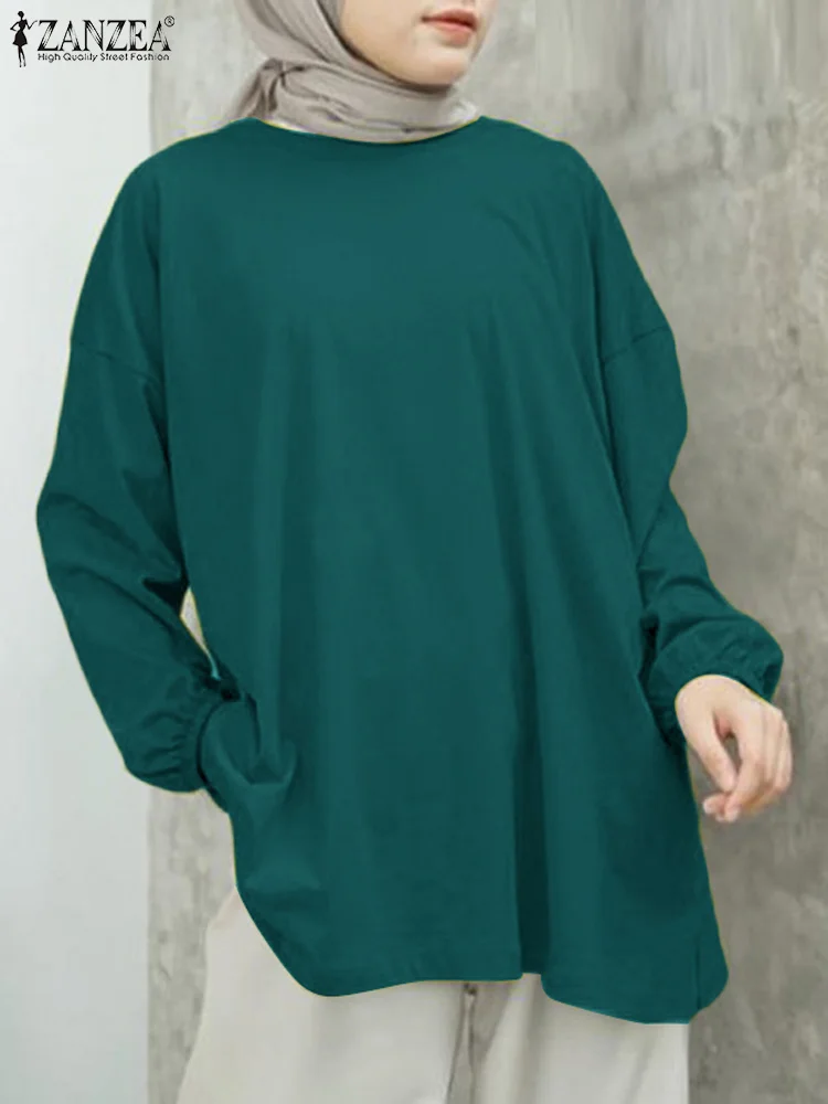 

ZANZEA Women Fashion Loose Tops Spring O Neck Long Sleeve Muslim Blouse Elegant Solid Shirt Turkey Abaya Kaftan Islamic Clothing