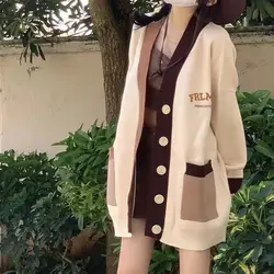 Lazy Style Contrasting Embroidery V-neck Soft and Sticky Cardigan Sweater for Female Students College Style Versatile Knitted