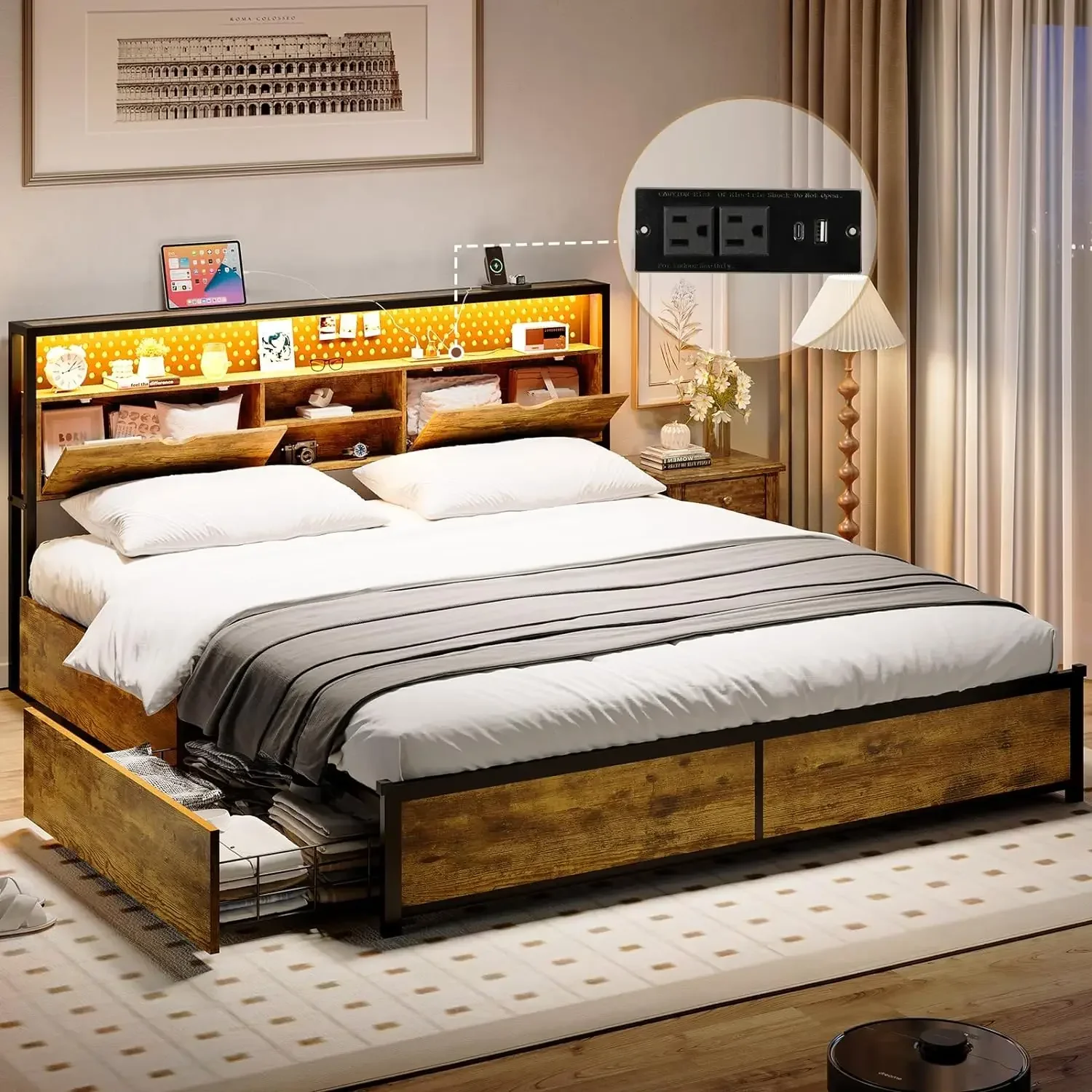 Bed Frame w/ Storage Headboard & Drawers, Metal Platform Bed w/ Charging Station, LED Bed Frame, Heavy Duty Steel Slats Support