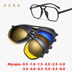 VCKA Big Frame Polarized Myopia Sunglasses 6 in 1 Prescription Magnetic Clip Men Women Glasses Custom Optical Eyewear -0.5 to-10