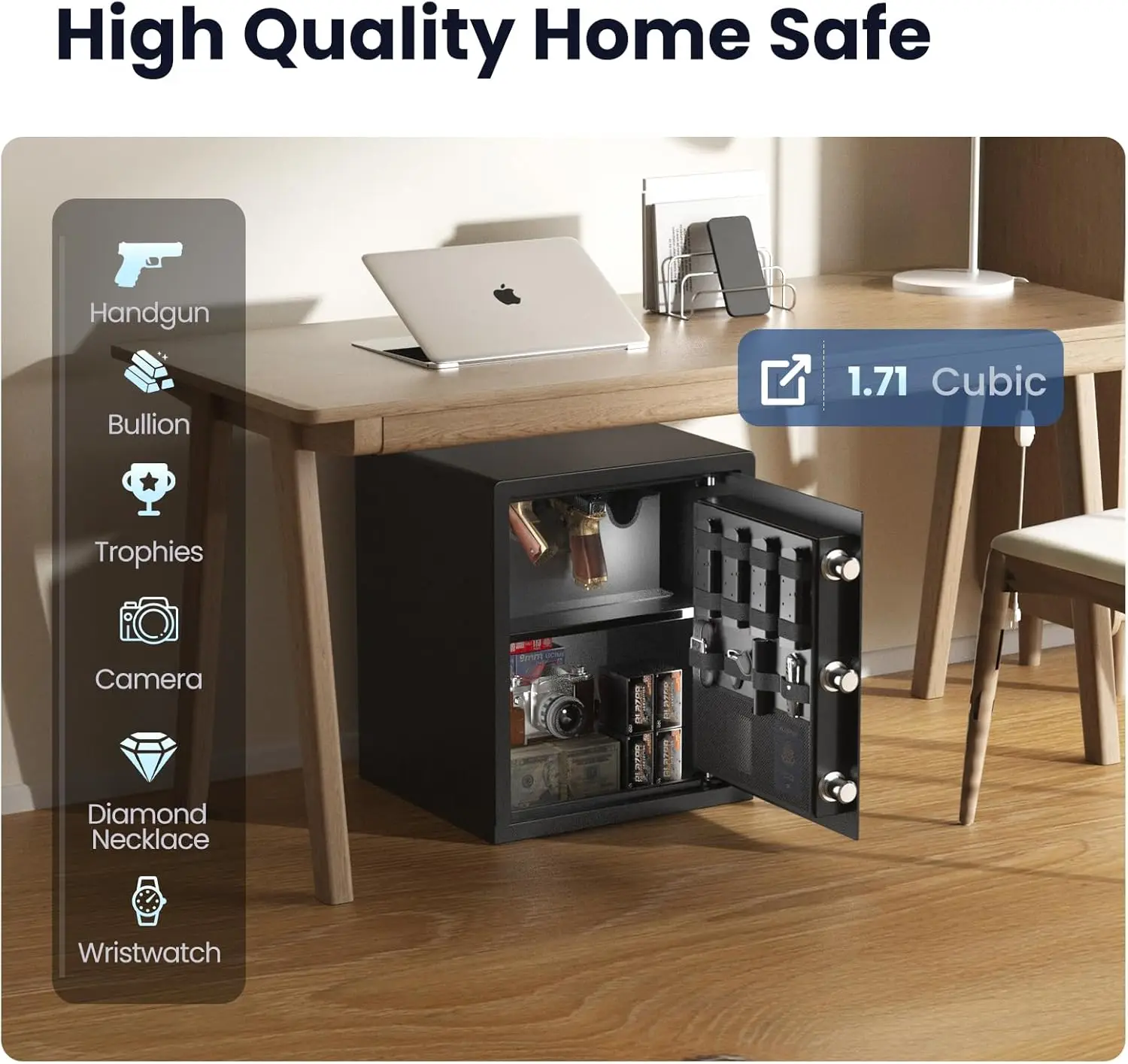 Gun Safe for Handgun - (1.72 cu. ft.) for Multiple Pistol Rack & Door Organizer Money Box with Silent Mode, Home Safe with Backl