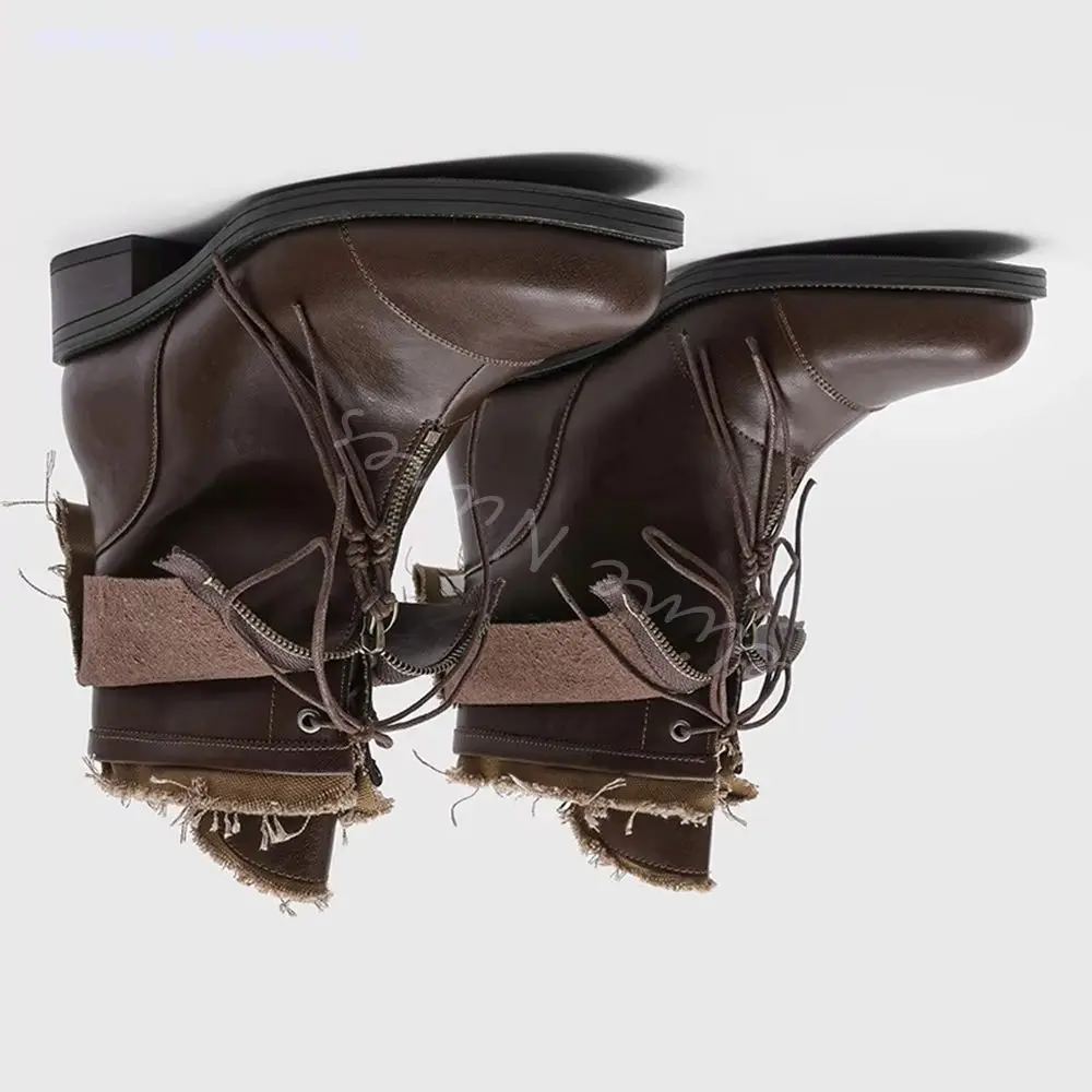 Brown Fold‑Over Frayed Edge Ankle Boots Men Retro Distressed Front Zipper Lace‑Up Combat Boots Autumn Winter Block Heel Boots