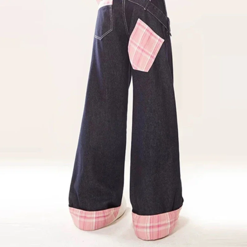 Pantalones vaqueros de pierna ancha holgados Harajuku americanos Vintage Y2k a cuadros empalme de cintura alta rectos pantalones Cargo de mezclilla largos pantalones góticos para mujer