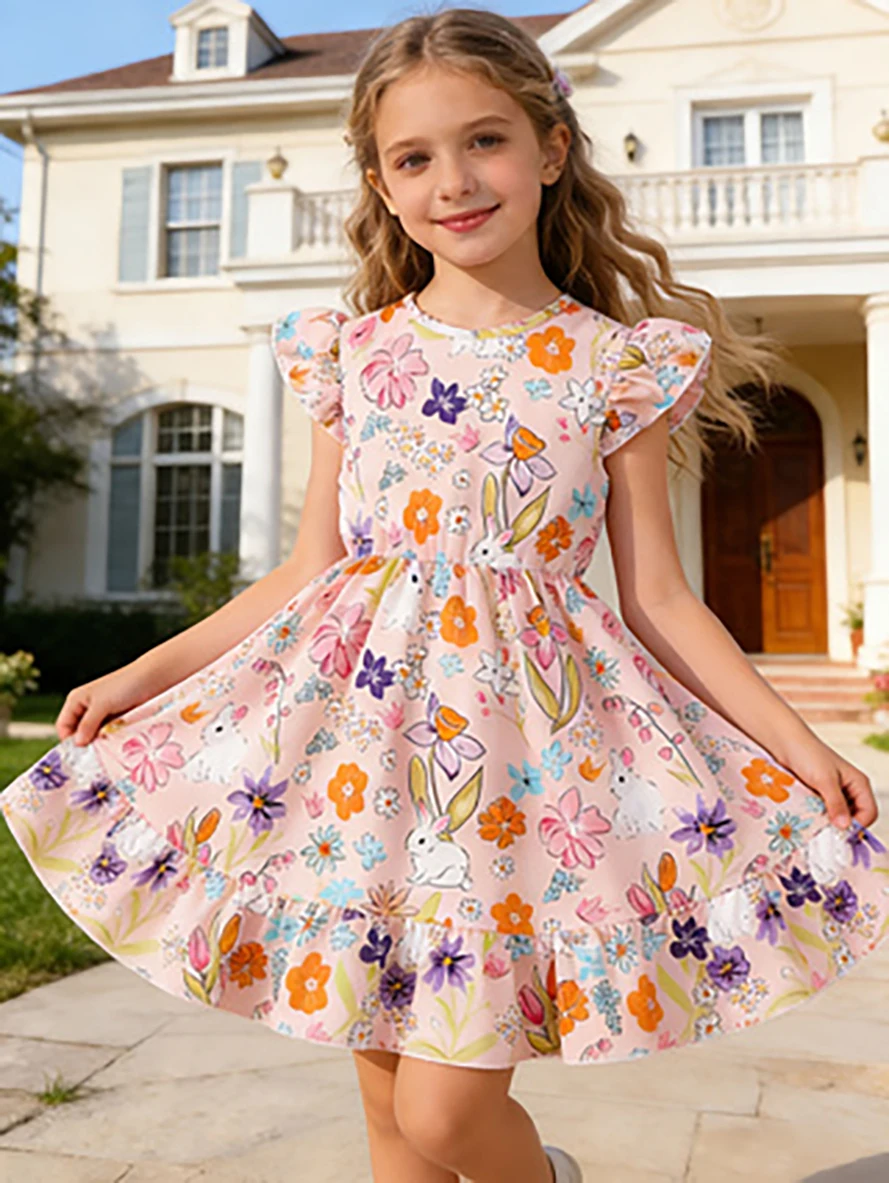 Girls' Easter Bunny Floral Dress, Summer Flutter Sleeve A-Line Princess Skirt, Sweet Kids Vacation Dress