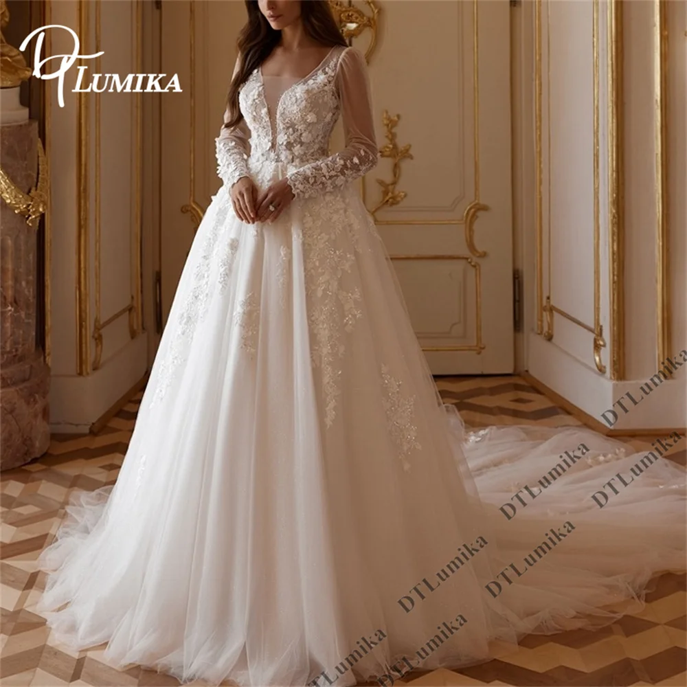 

DTLumika Church Wedding Dress for Women, A-Line Long Tulle Bride Dress with Sheer Full Sleeves, Deep Cleavage Bridal Gown Lace