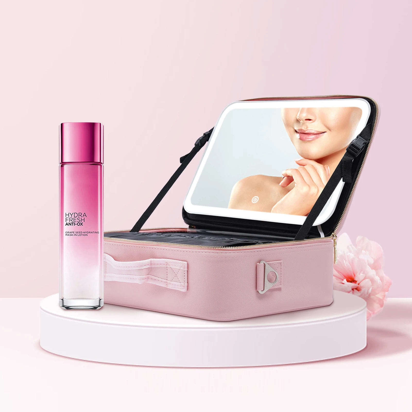 

Beige Makeup Train Case with Large Lighted Mirror 3 Color Scenarios Adjustable Brightness Large Cosmetic Organizer