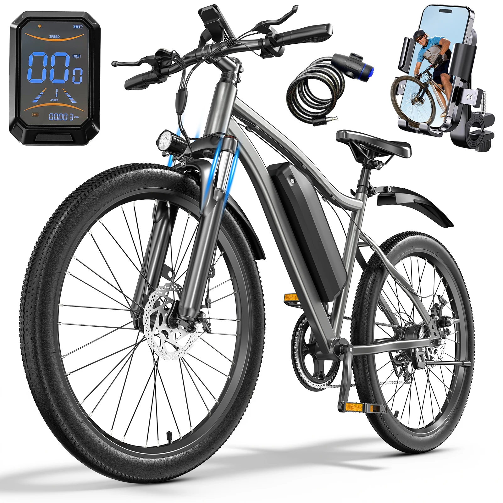 Bicicleta eléctrica para adultos, bicicleta de montaña eléctrica de 26 pulgadas con batería desmontable, motor máximo de 720W y 36V, bicicleta eléctrica de 7 velocidades y 20MPH