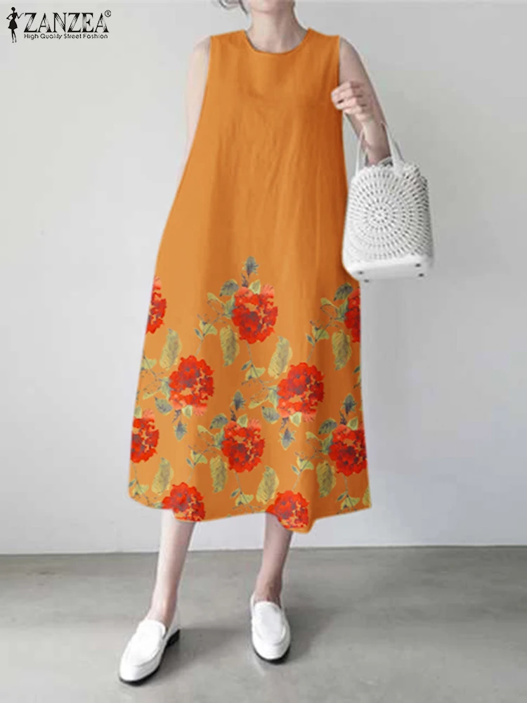 Zanzea Vrouwen Bloemen Bedrukte Jurk Mode Mouwloze Tank Zomerjurk 2024 Vakantie Zomer Oversized Gewaad Casual Losse Maxi Jurken