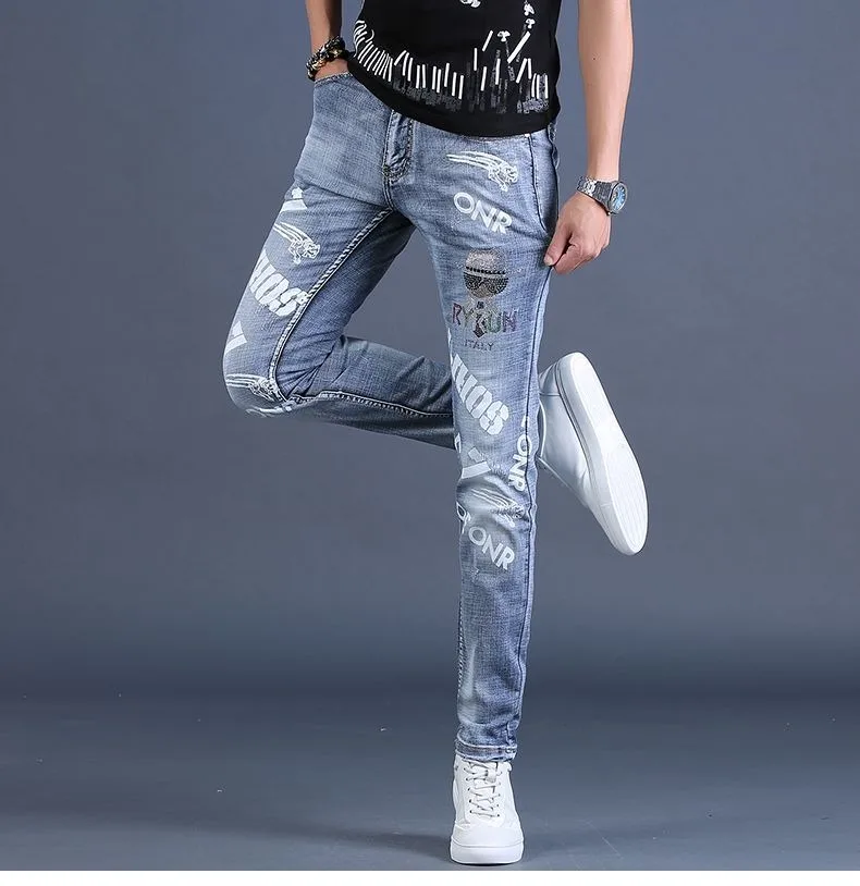 High Quality Men’s Blue Denim Pants,Classic Colorful Diamond Embroidery Decors Street Jeans,Slim-fit Korea Version Casual Jeans;