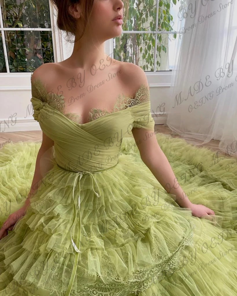 OEING Princess Off The Shoulder Prom Dresses Elegant Tulle Tiered Evening Gowns Formal Wedding Party Dress Vestidos De Gala