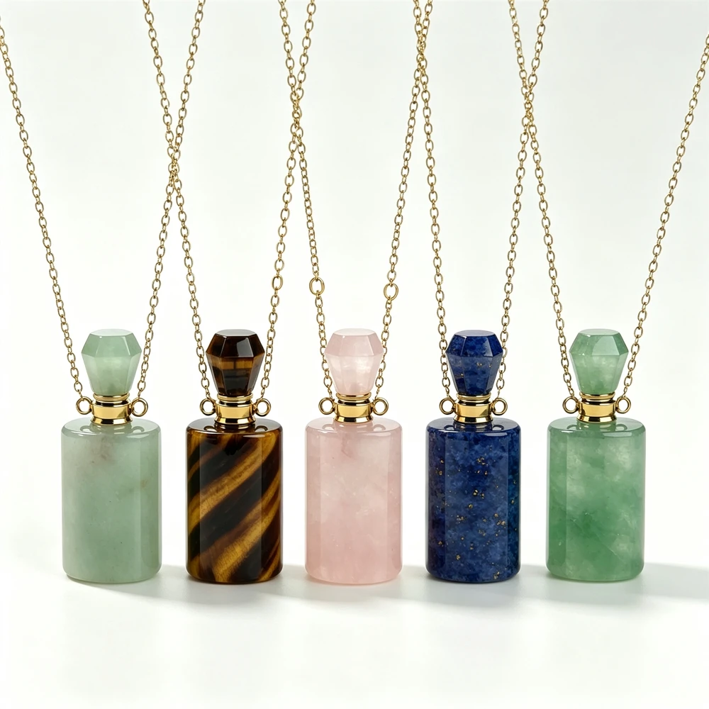 1PC Cylindrical Natural Rock Perfume Bottle Necklace, Multi-color Essential Oil Vial Pendant for Women Golden Plated N2C1102