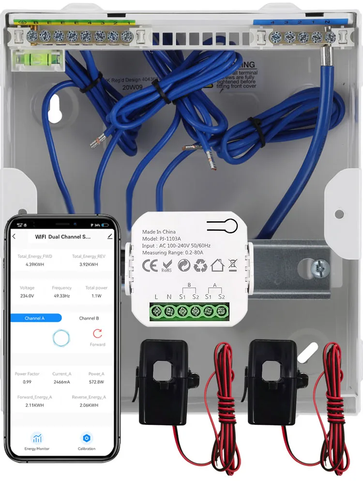 Tuya Smart Life WiFi Monitor de Energia, Bidirection 1/2 Canal com Clamp App, Energia Solar