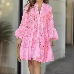 Sweet Girlish Style Solid Color Lace Dress With V-neck Pullover A-line Loose Lace Hollow Lantern Sleeves For Women's Midi Dress
