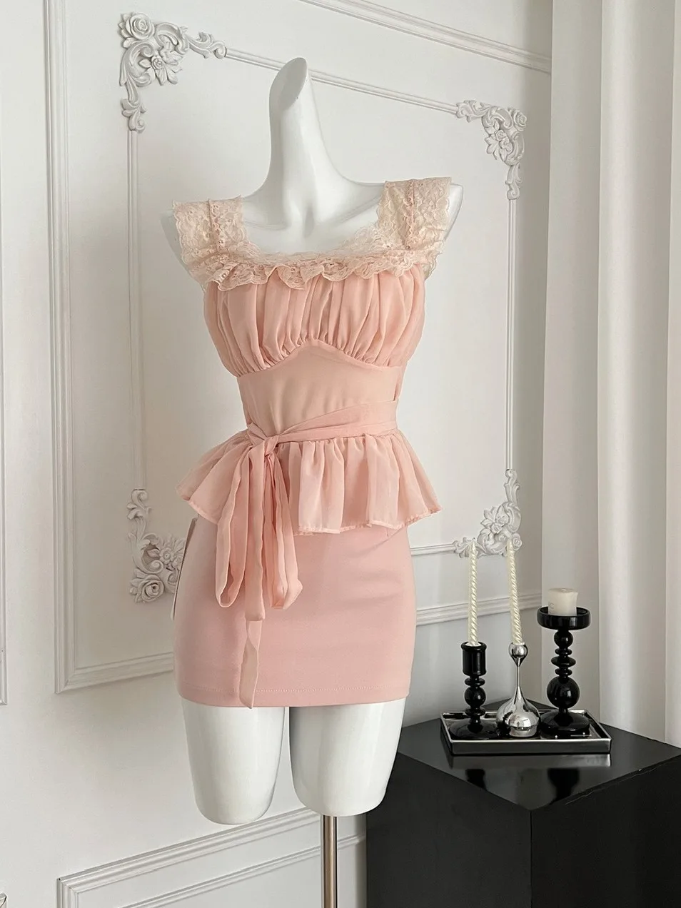 

Ele Svel Women's Dr Summer Gauze Lace Design Slim Fit Pure Desire ort Skirt Faionable Two-Piece Set Head ove...