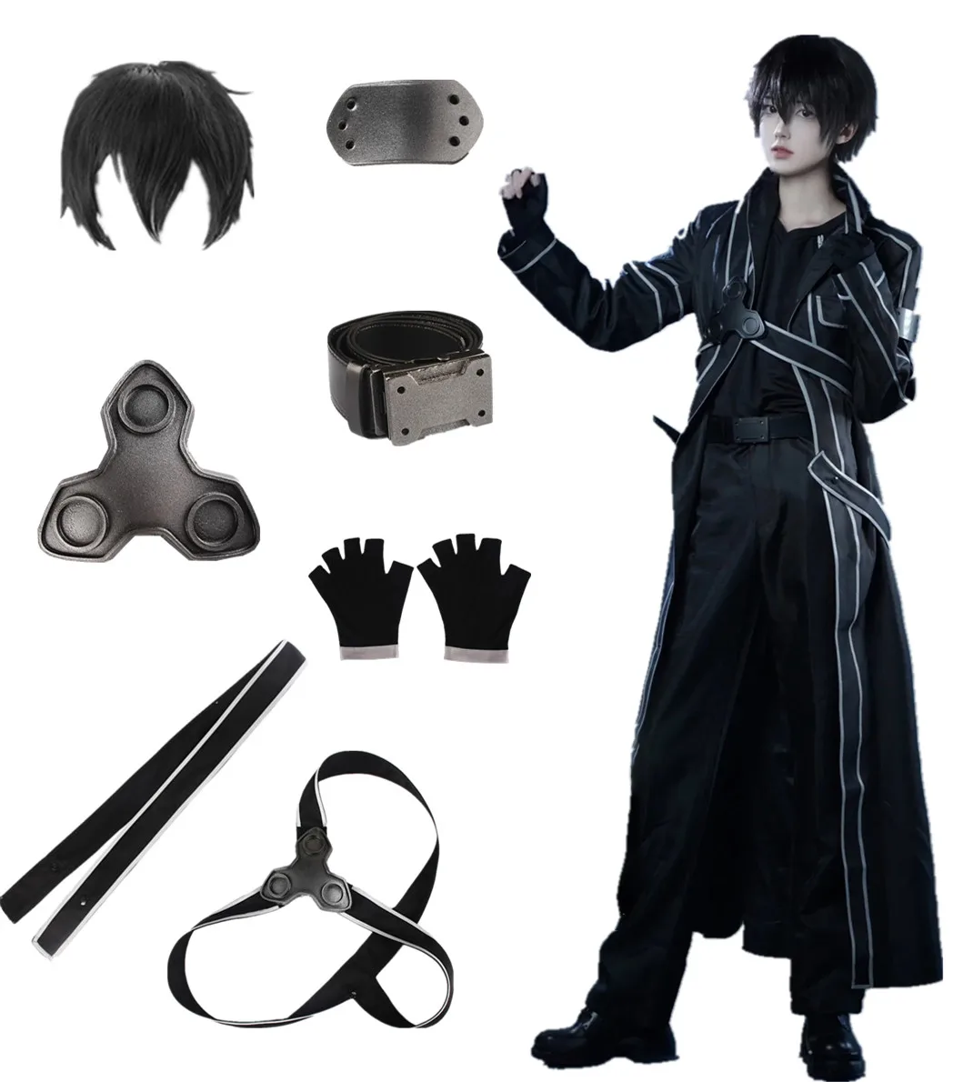 US Size Men's Anime Kirigaya Kazuto Cosplay Black Long Coat Pants Outfit Halloween Costume