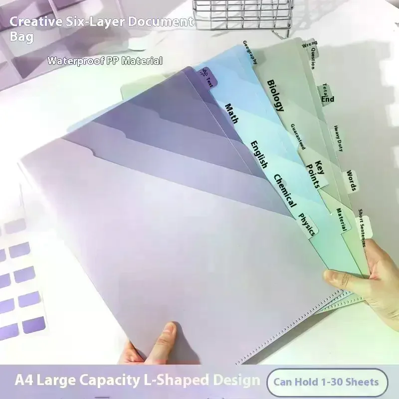 Gradient Multi-Layer Folder A4 Subject Classification Test Paper Folder Transparent L-Shaped Folder 6-Layer Classification File