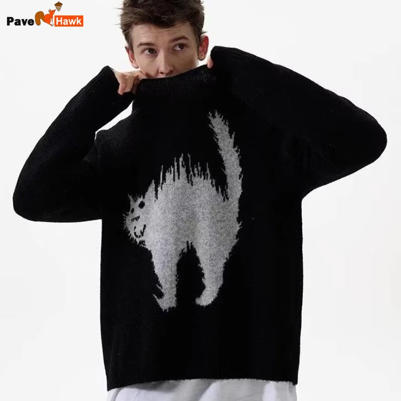 

Japanese Printed Fashionable Mens Knitted Hoodie Cat Pattern Color Blocking Trend Loose Couple Sweater Harajuku Pullover New