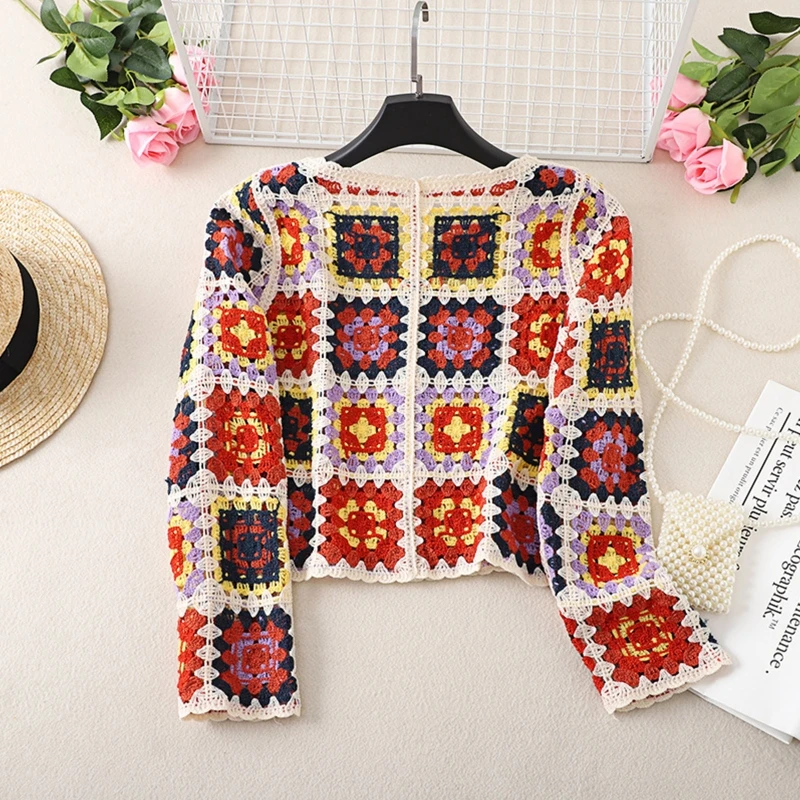 2022 Women Autumn Long Sleeve Crochet Cardigan Ethnic Hollow Knit Colorful Geometric Pattern Button Down Sweater Coat Jacket