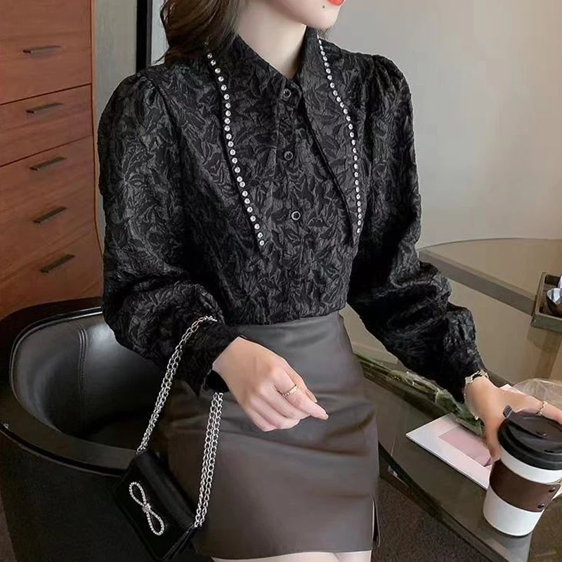 Women Trendy Rhinestone Pointed Collar Designer Shirts Spring Autumn Elegant Black White Blouses Textured Chic Long Sleeve Tops