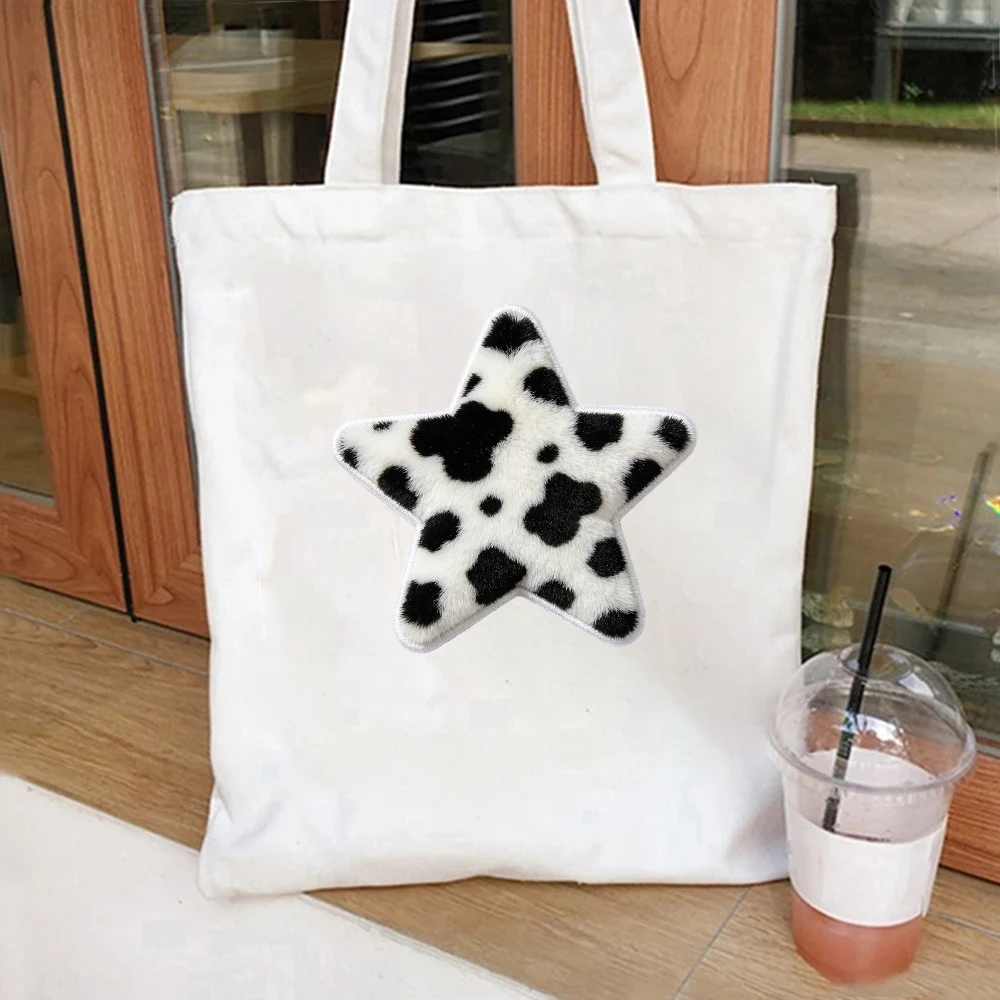 Cow Print Star Canvas Tote Bag Animal Print Shoulder Bag