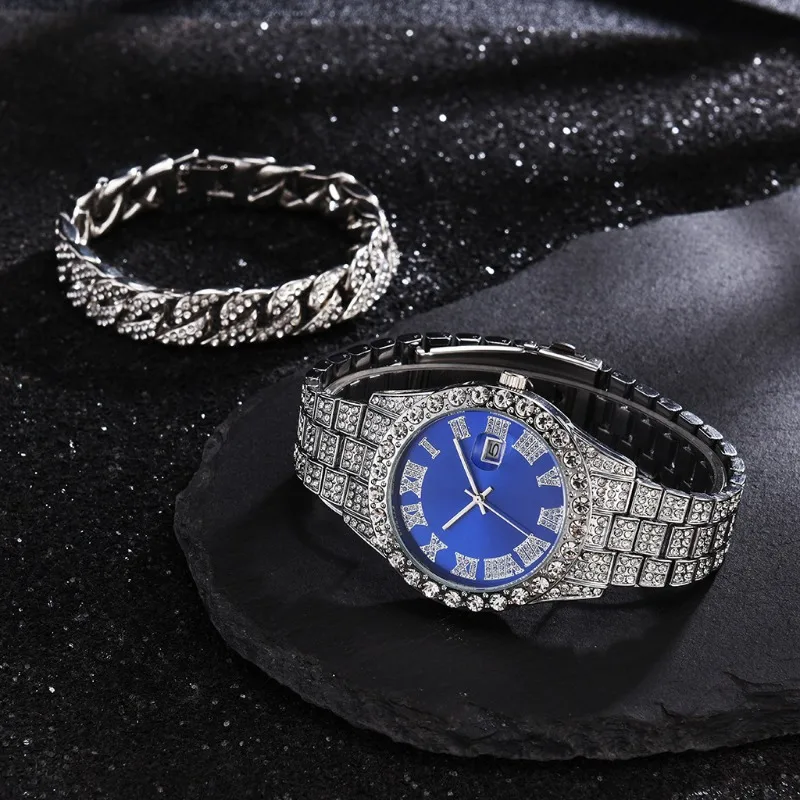Men's Diamond Accent Quartz Watch - Roman Calendar Hip Hop Style Fashion Timepiece
