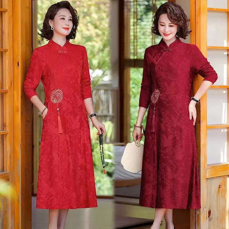Red Retro Qipao Long Sleeved Jacquard Wedding Gown Bride Groom Mother Cheongsam Chinese Traditional Dress Improved Vestidos