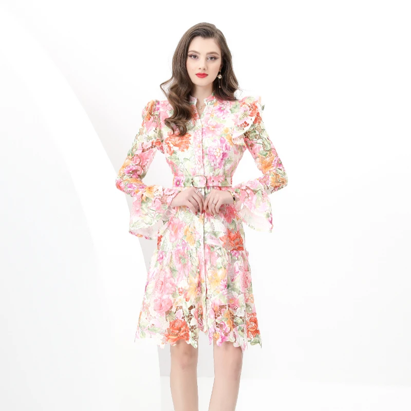 

2025 Spring/Summer Retro Lace V-neck Waist Long Sleeve Shrink Fold Lace Printed Hook flower hollow Dress