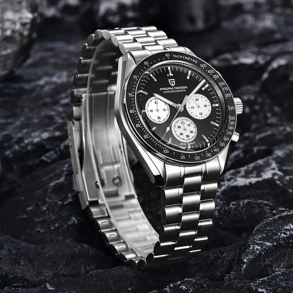 PAGANI DESIGN Men's Watch 2026 New Silver Black Luxury VK63 Movt Quartz Watch For Men Sapphire Glass Stainless Steel Chronograph