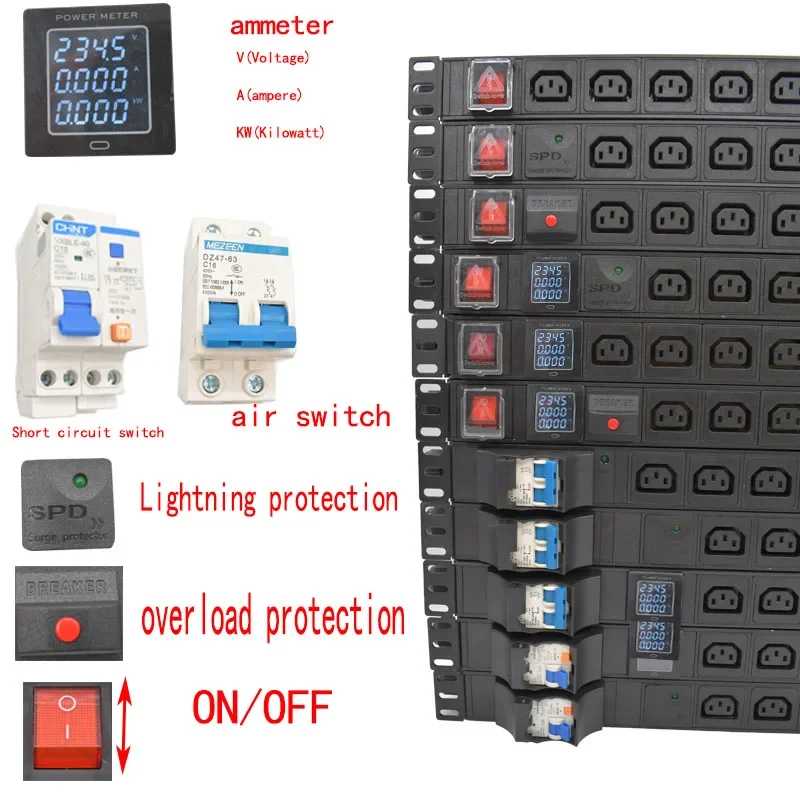 19 inches PDU SPD ammeter overload protection air switch Short circuit switch module power strip  IEC-320 C13 output C14 PLUG