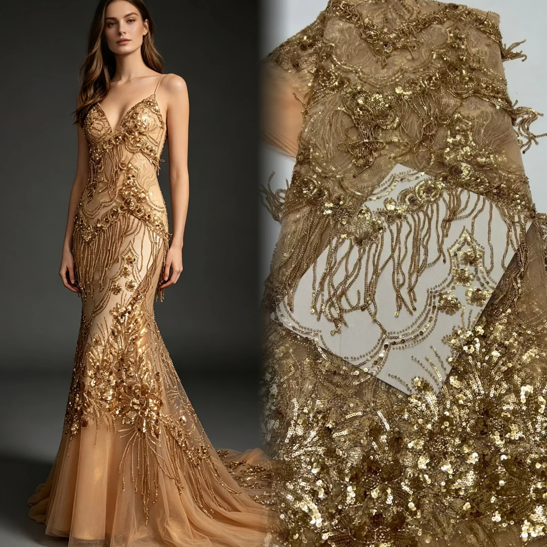 

2026 Luxury French Bead Embroidery Fabric,Nigerian Beaded Lace,African tassel fringe Fabric For Wedding Dress Sewing