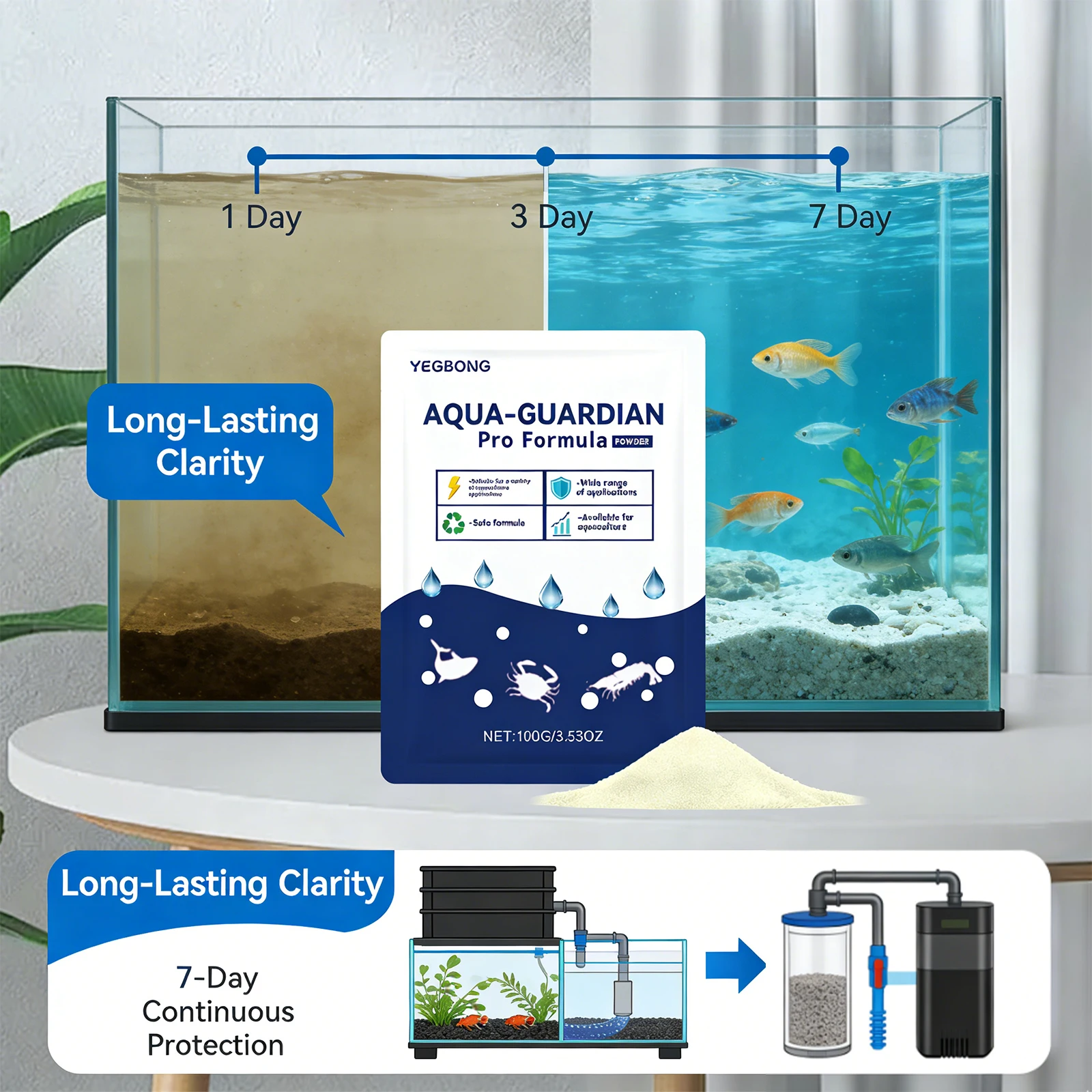 Polvo purificador de agua para peceras, purifica rápidamente la calidad del agua, restaura la claridad, polvo clarificador de agua de amplia aplicación
