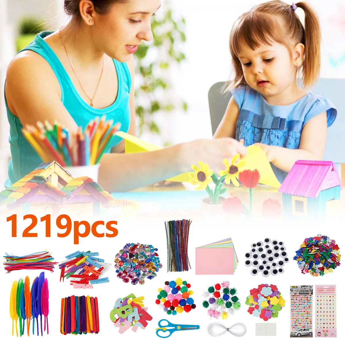 Kids DIY Art Craft Toys Colorful Plush Sticks Foam Flower Eyes Pompoms Handmade Art Craft Chlidren Creativity Devoloping Toys