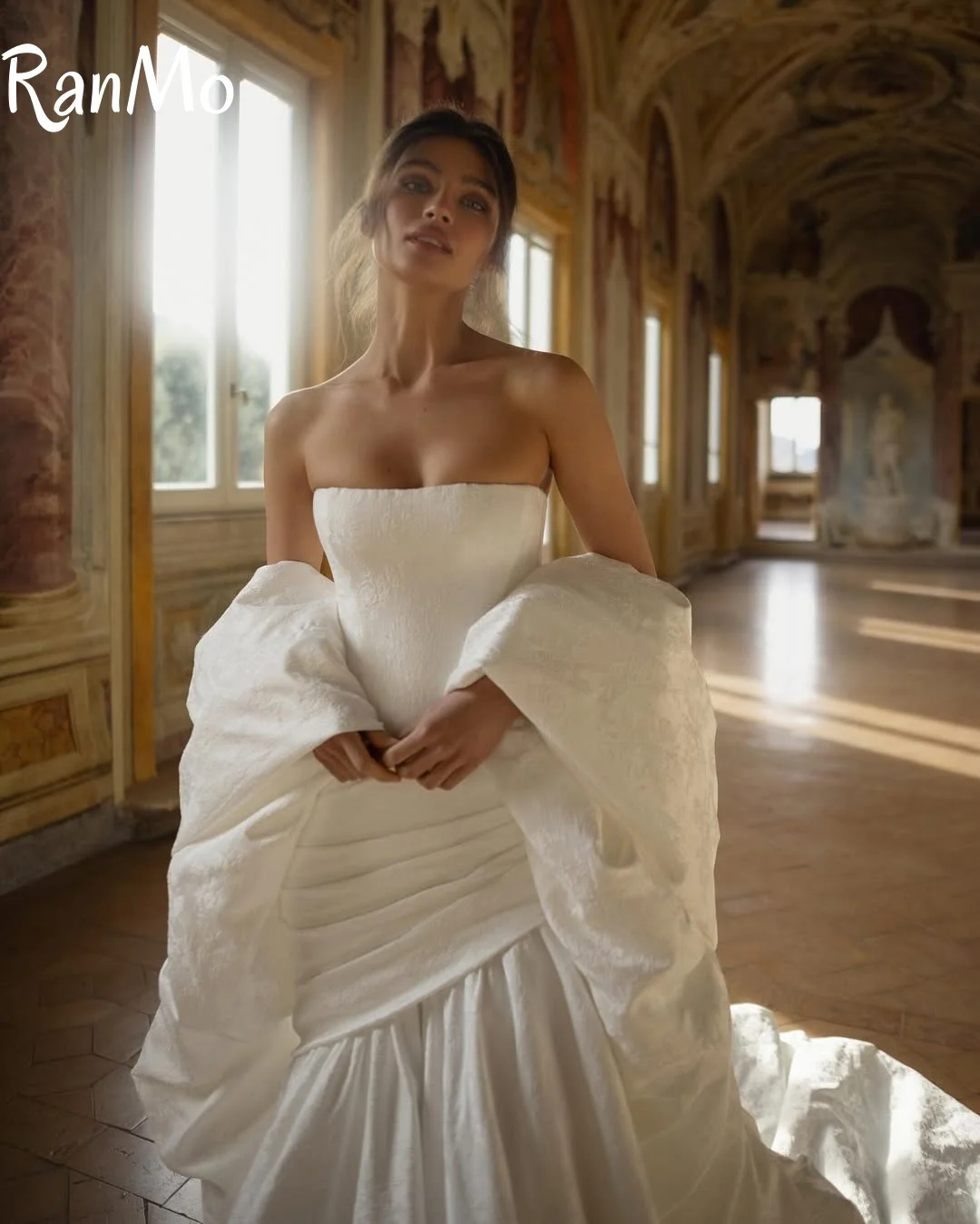 Ranmo 2025 فستان الزفاف بدون حمالات مكشكش طيات مخصصة أبيض عاجي التفتا حورية البحر فستان زفاف Vestido De Noiva سويب تراين #3