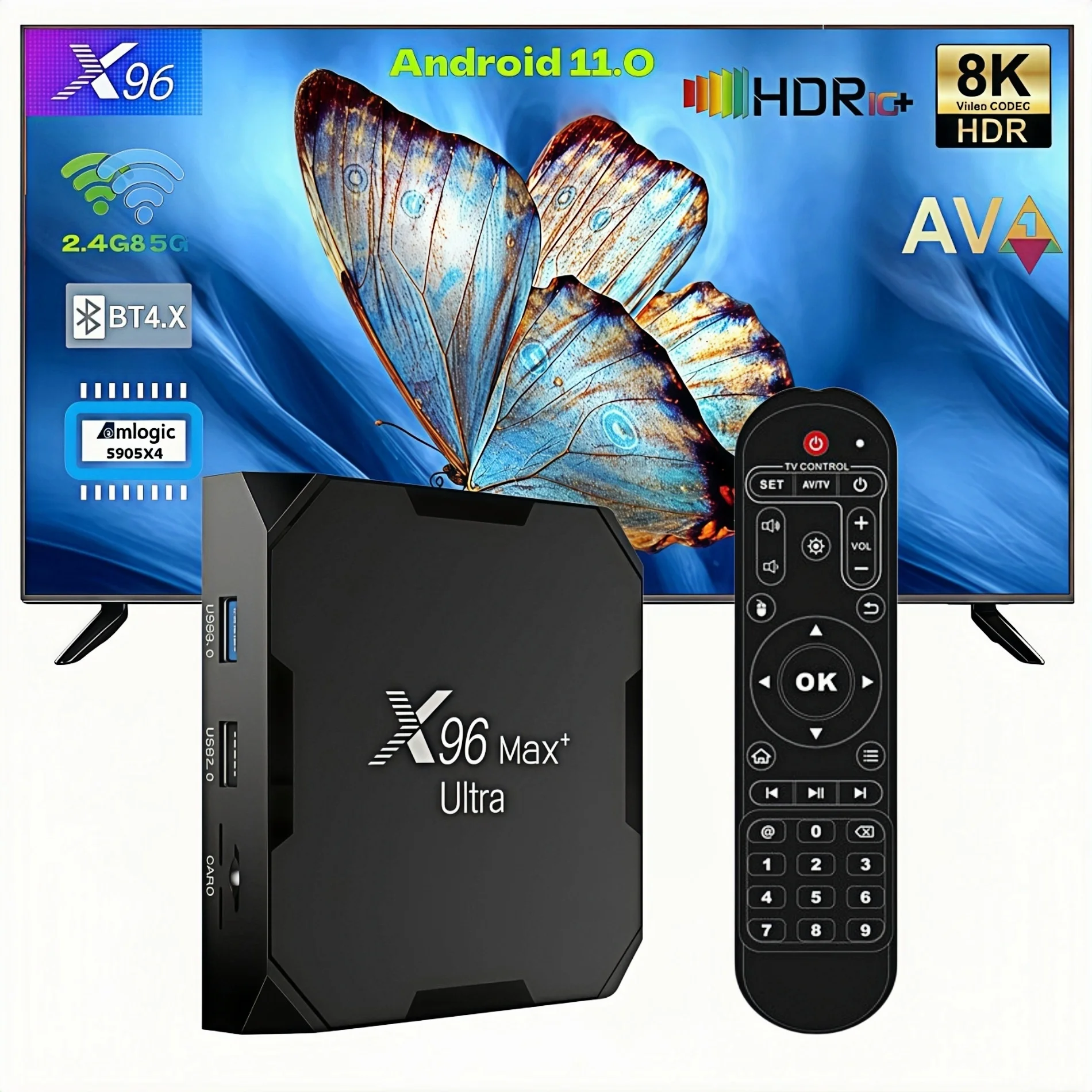 Boîtier TV Android 11 X96 Max+Ultra, Amlogic S905X4, 4 Go de RAM, 64 Go de ROM, décodage AV1, 4K 8K HDR, double WiFi, BT4.0, USB3.0, lecteur multimédia intelligent, récepteur IPTV pour home cinéma, boîtier TV intelligent