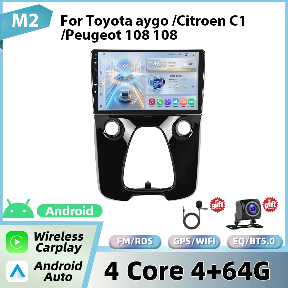 Podofo 10'' autoradio voor Toyota Aygo 2015/Citroën C1 2020/Peugeot 108 draadloze CarPlay Android autoradio WIFI GPS 2din radio