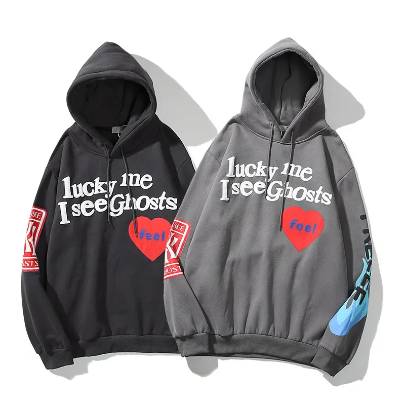 Harajuku Weirdo Graffiti Letter Printed Hoodies Men 2024 Lucky Me I See Ghosts Mens Hooded Sweatshirt Fleece Pullover Streetwear