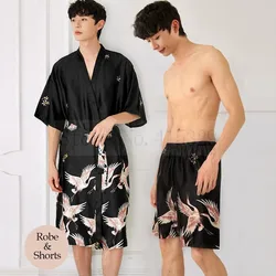 Half Sleeve Print Men Satin Kimono Nightwear Crane Sleepwear Home Dressing Gown Robe Set Loungewear Nightgown Bathrobe