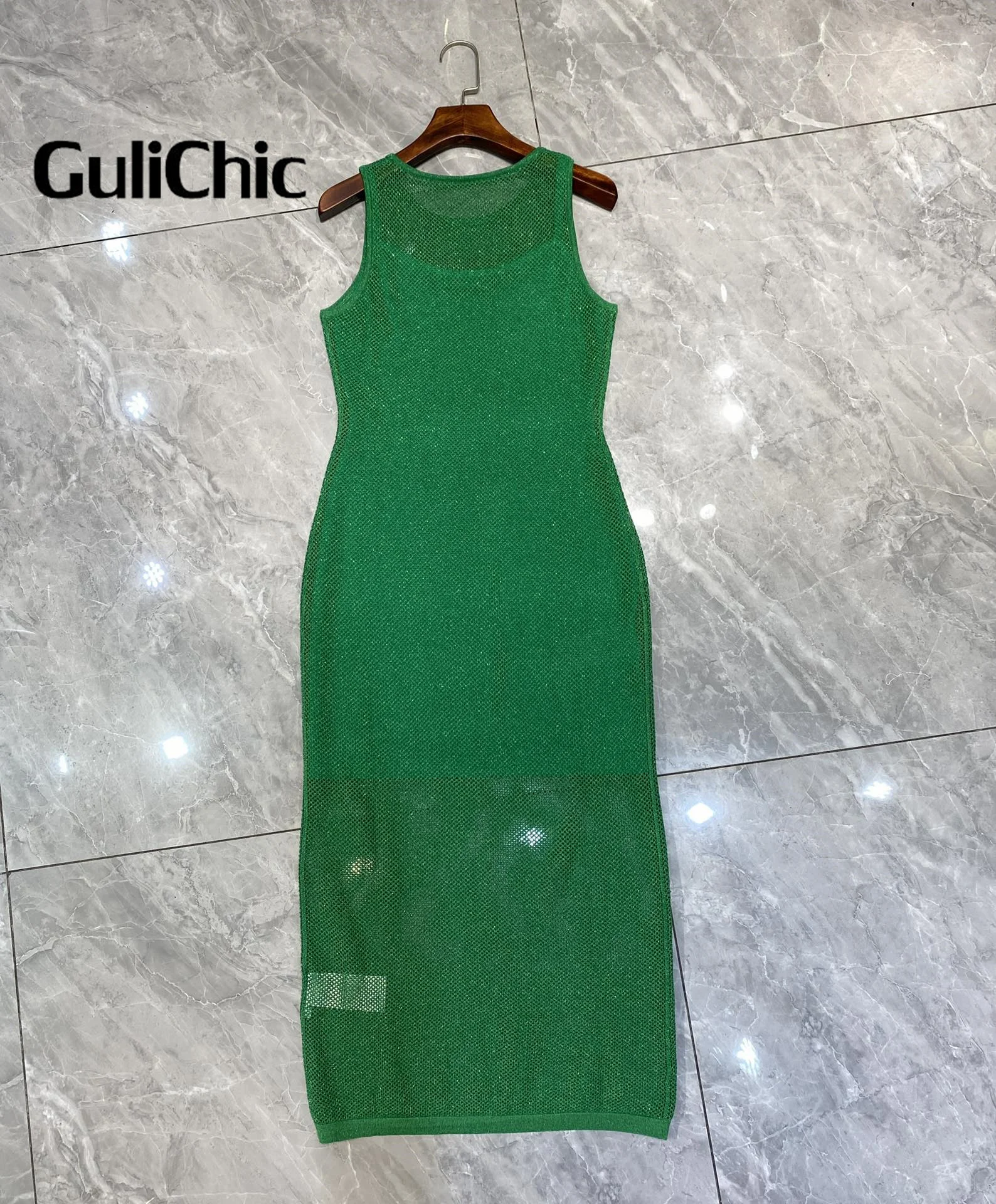 8.25 GuliChic Women Temperament Round Neck Sleeveless Kintted Hollow Out Bright Silk Slim Dress With Strap Lining