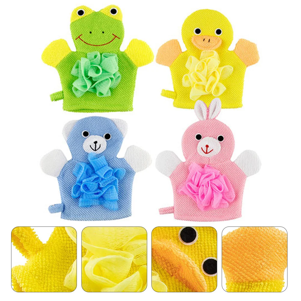 

4Pcs Cartoon Baby Bath Gloves Kids Exfoliating Scrubbing Glove Set Gentle Body Cleanser Shower Tool Bath Gloves