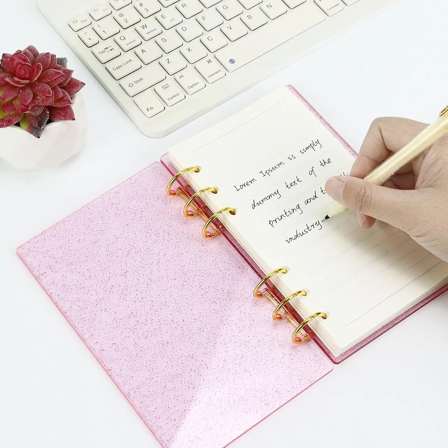 A6 Clear Glitter Pink Acrylic Planner Budget Binder Notebook Cover, Gold Metal Round Ring with 45 Sheets Lined Inner Papers