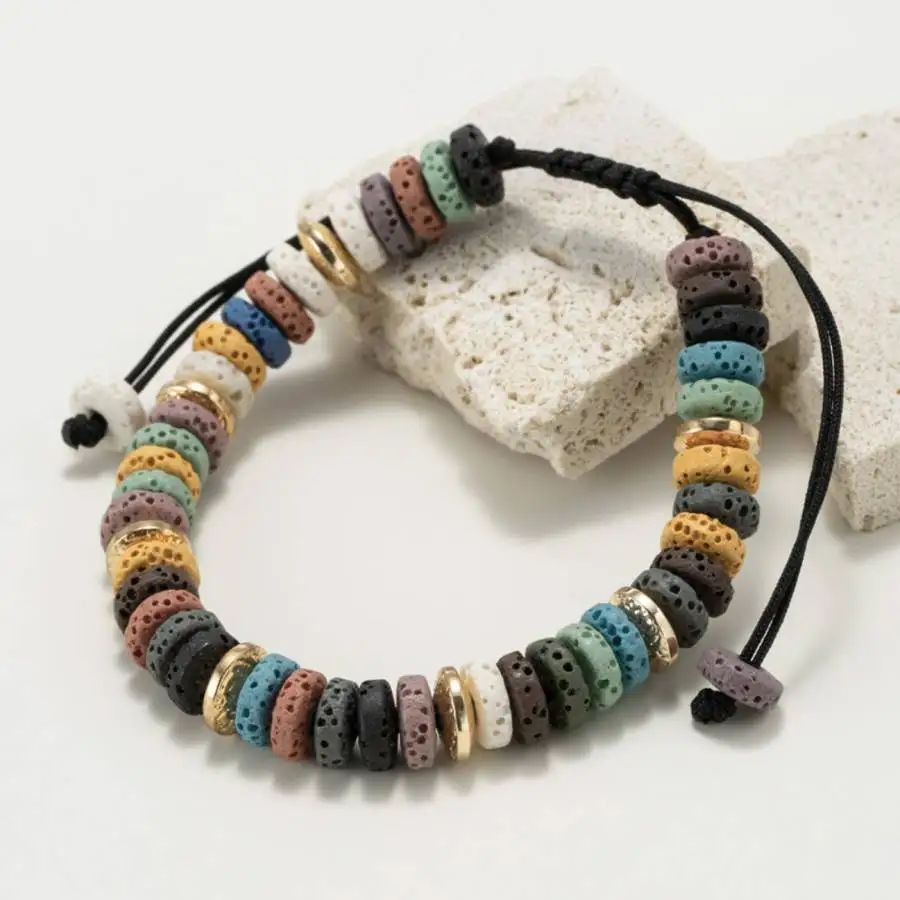 

Handmade Colored volcanic stone partition panels beads bracelet, men's cuff button bracelet, Ramadan prayer bead bracelet