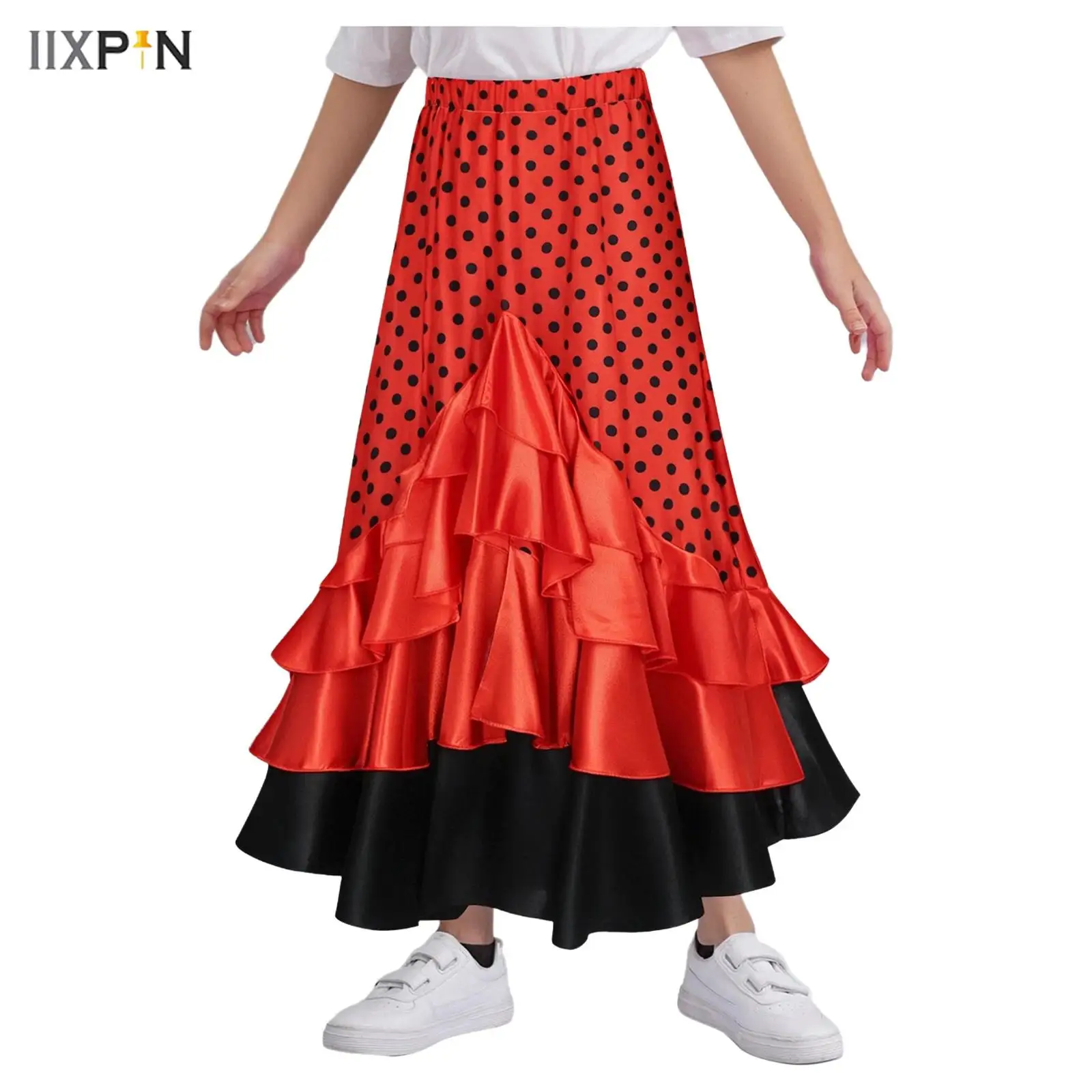 

Kids Girls Spanish Flamenco Dance Skirt Polka-Dot Layered Ruffled Long Skirt for Lyrical Dance Performance Halloween Costume