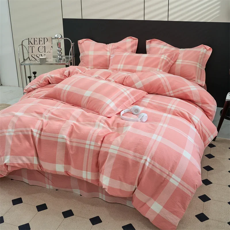 Pink Grid Duvet Cover 100% Washed Cotton Textured Percale Bedding Set Cute Plaid Buffalo Check Gingham Comforter Cover, 3 Pieces