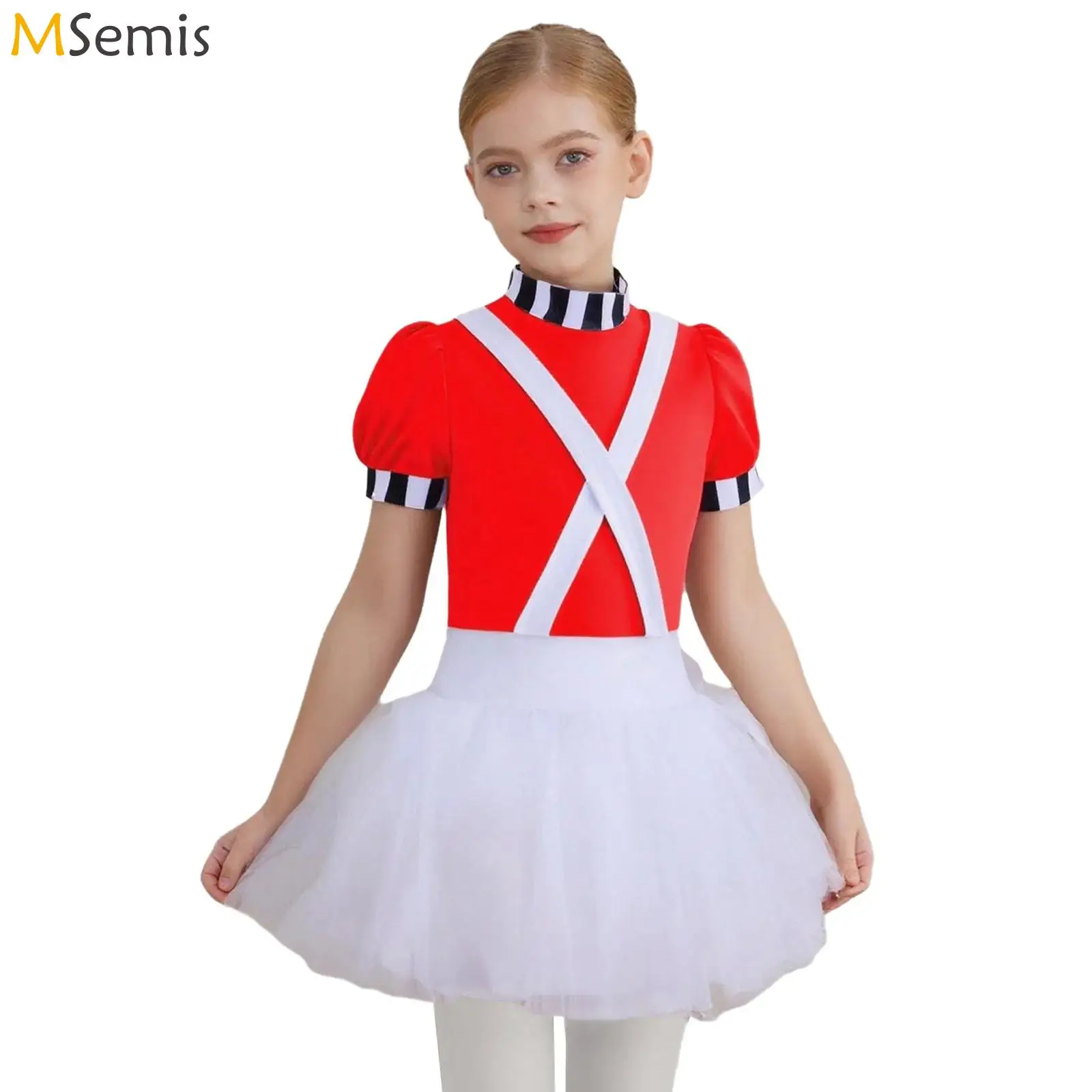 Dziewczęca sukienka baletowa Tutu Chocolate Factory Worker Halloween Carnival Party Fantasia Braces Short Stripe-Cuffed Sleeves Puffy Dress